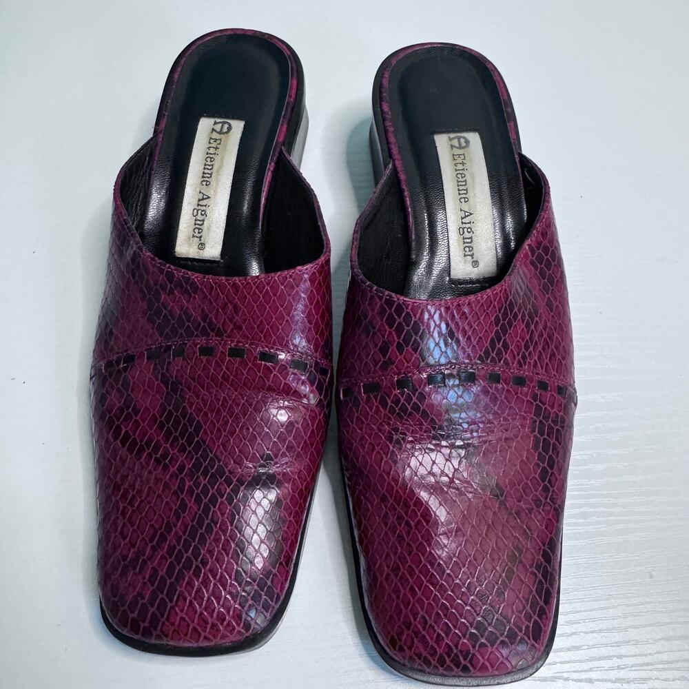 Etienne Aigner Burgundy Snakeskin Leather Mules Square Toe Block Heel Shoes 6M